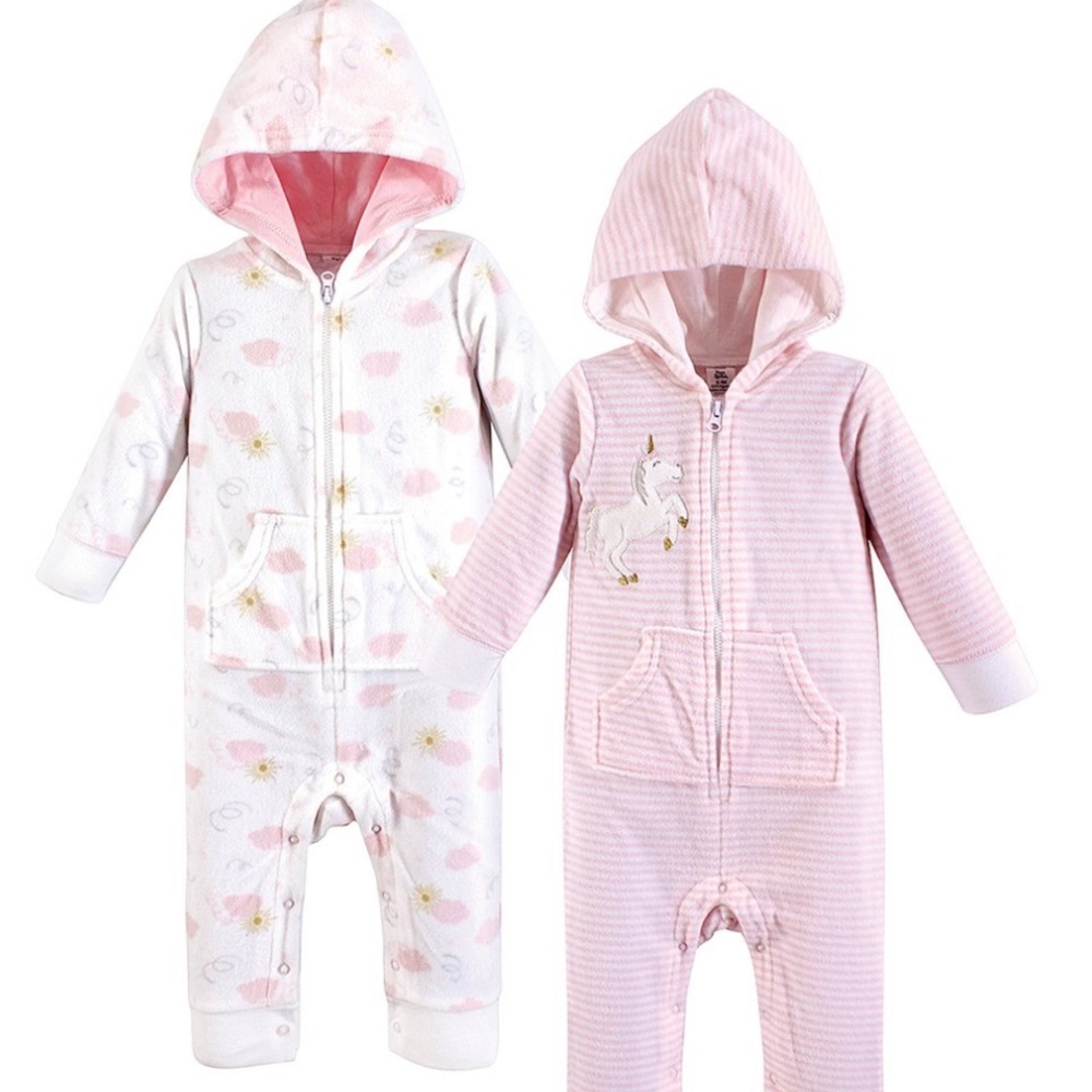 White & Pink Unicorn Fleece Hooded Playsuit Set